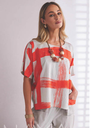 Naya Paint Stroke Print Top, Orange and White