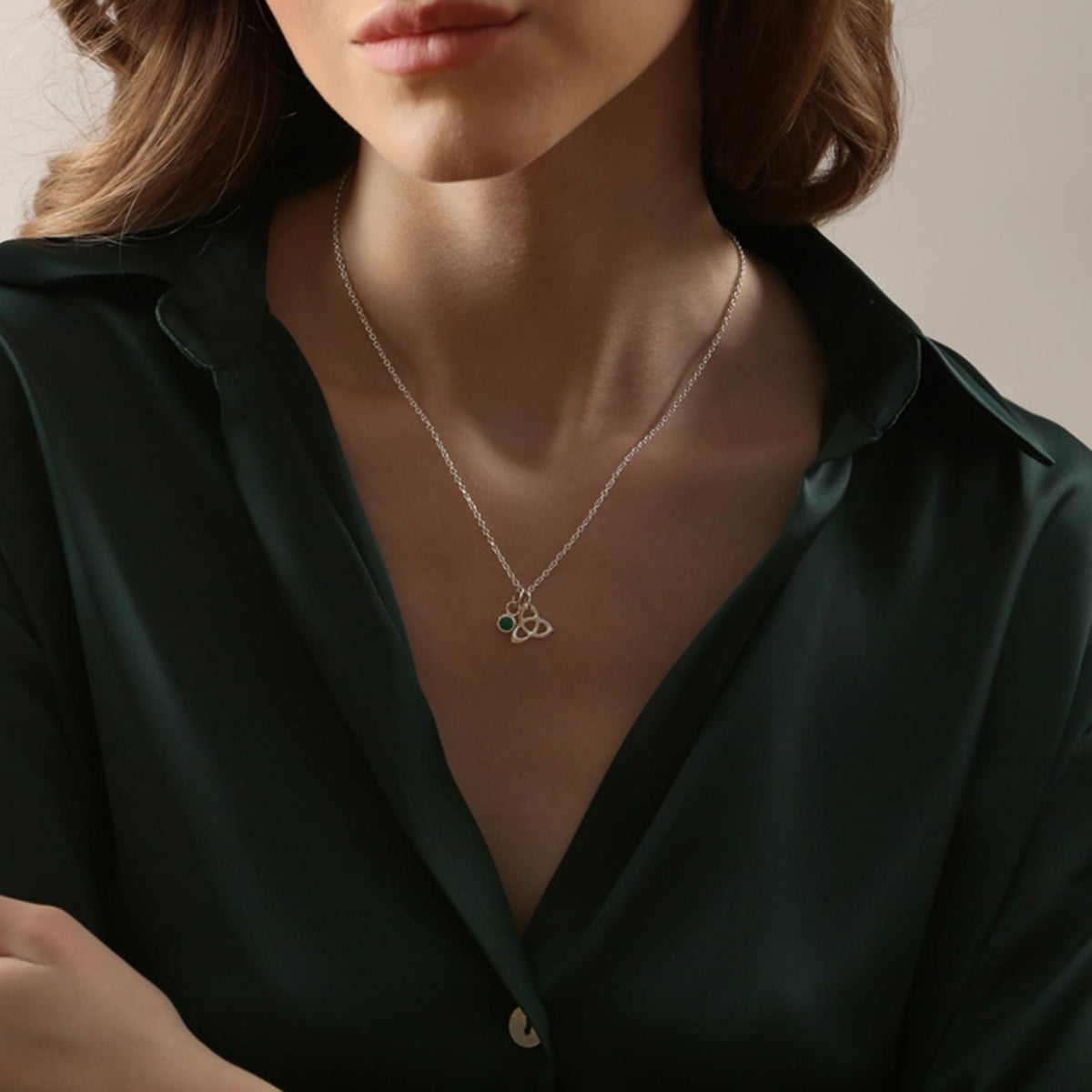 Newbridge Trinity Knot & Green Stone Pendant Necklace, Silver