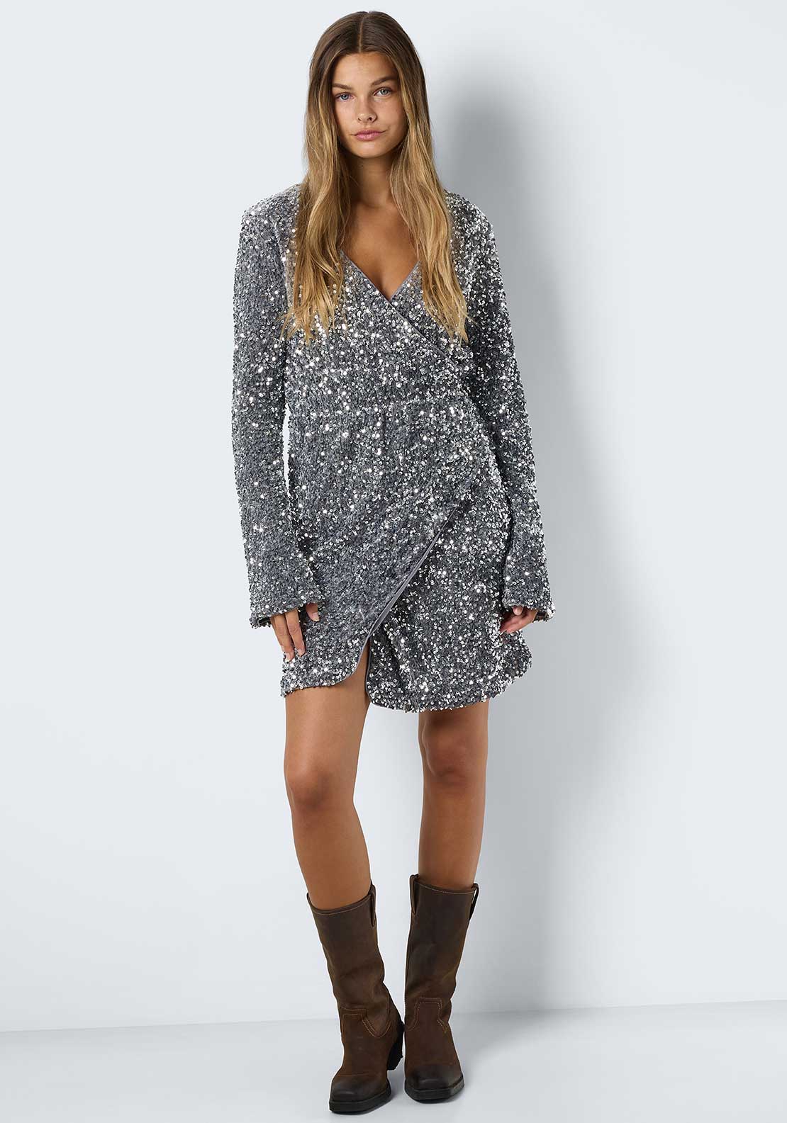 Noisy May Mia Sequin Wrap Mini Dress, Silver