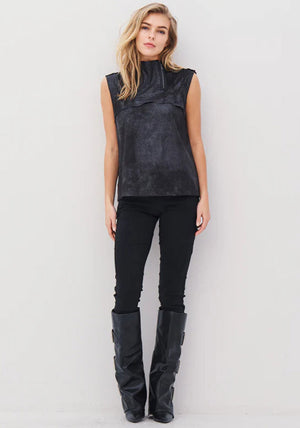 Nu Denmark Alisa Faux Suede Zip Neck Top, Black