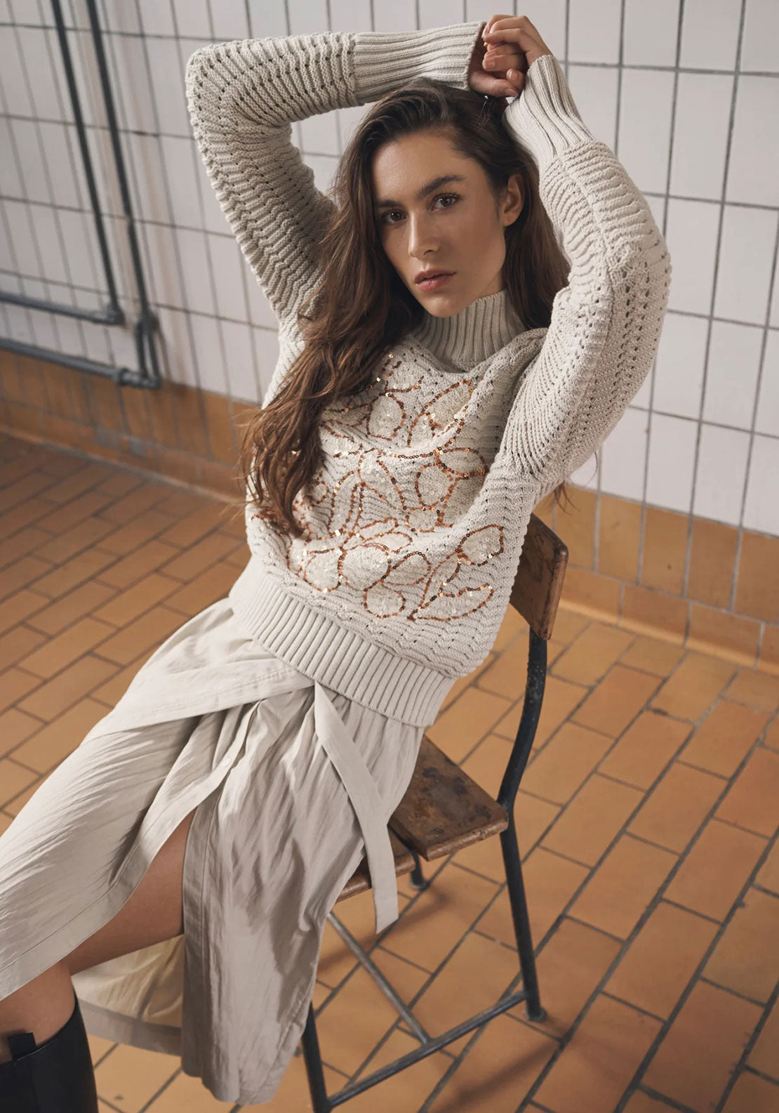 Nu Denmark Anja Sequin Chunky Knit Jumper, Beige