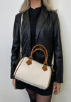 Zen Collection Pebbled Cylinder Satchel Bag, Cream & Brown