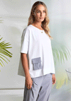 Naya Contrast Pocket Round Neck Top, White and Grey