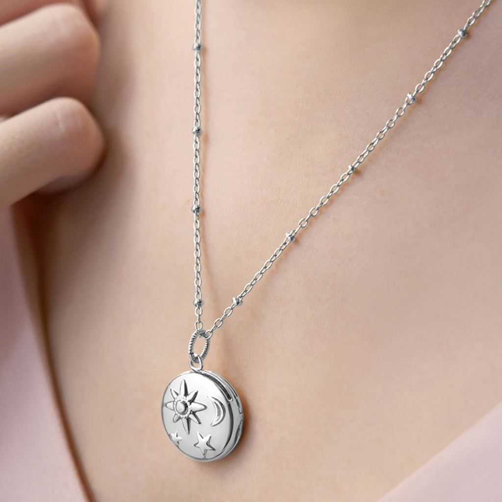 Newbridge Sun Moon Stars Locket Necklace, Silver McElhinneys