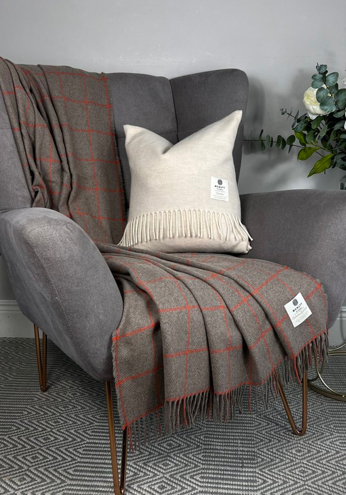 McNutt of Donegal Nutmeg Windowpane Throw, Grey & Orange