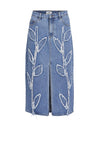 Object Fray Leaf Design Midi Denim Skirt, Medium Blue Denim