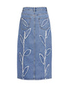 Object Fray Leaf Design Midi Denim Skirt, Medium Blue Denim