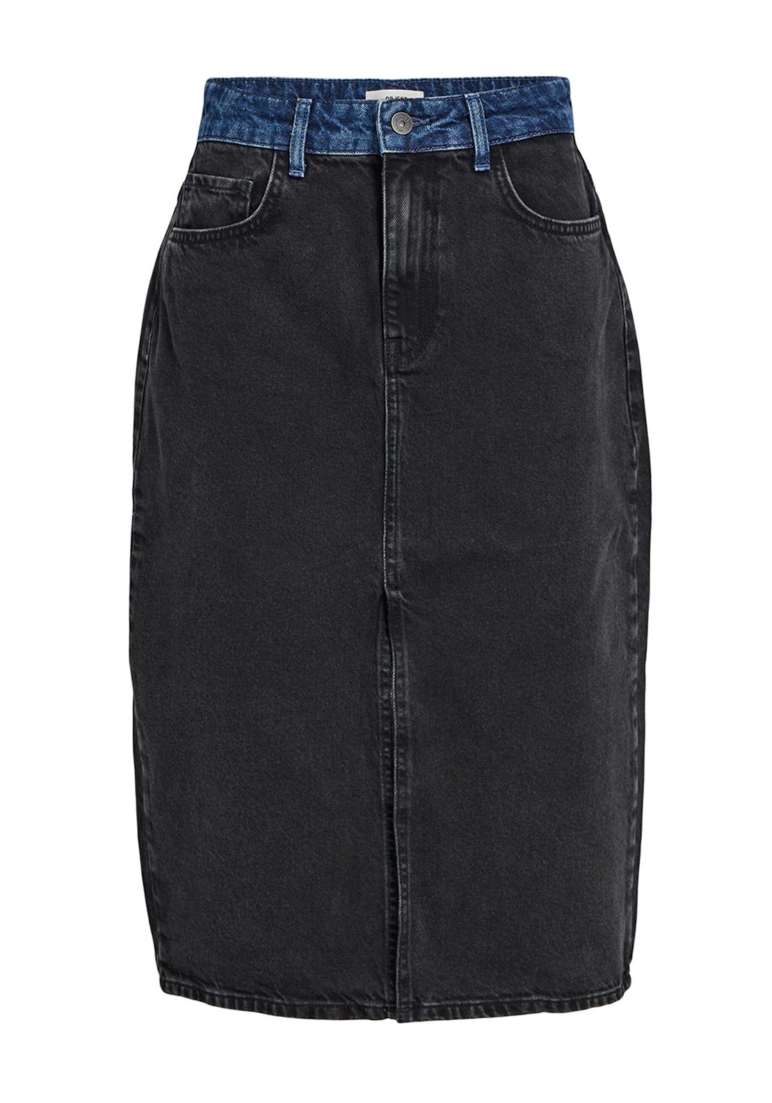 Object Beate High Rise Denim Midi Skirt, Black Denim - McElhinneys