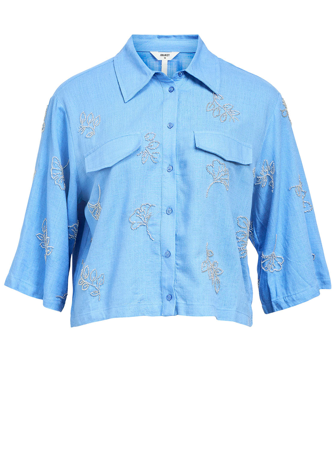 Object Mika Beaded Cropped Shirt, Blue
