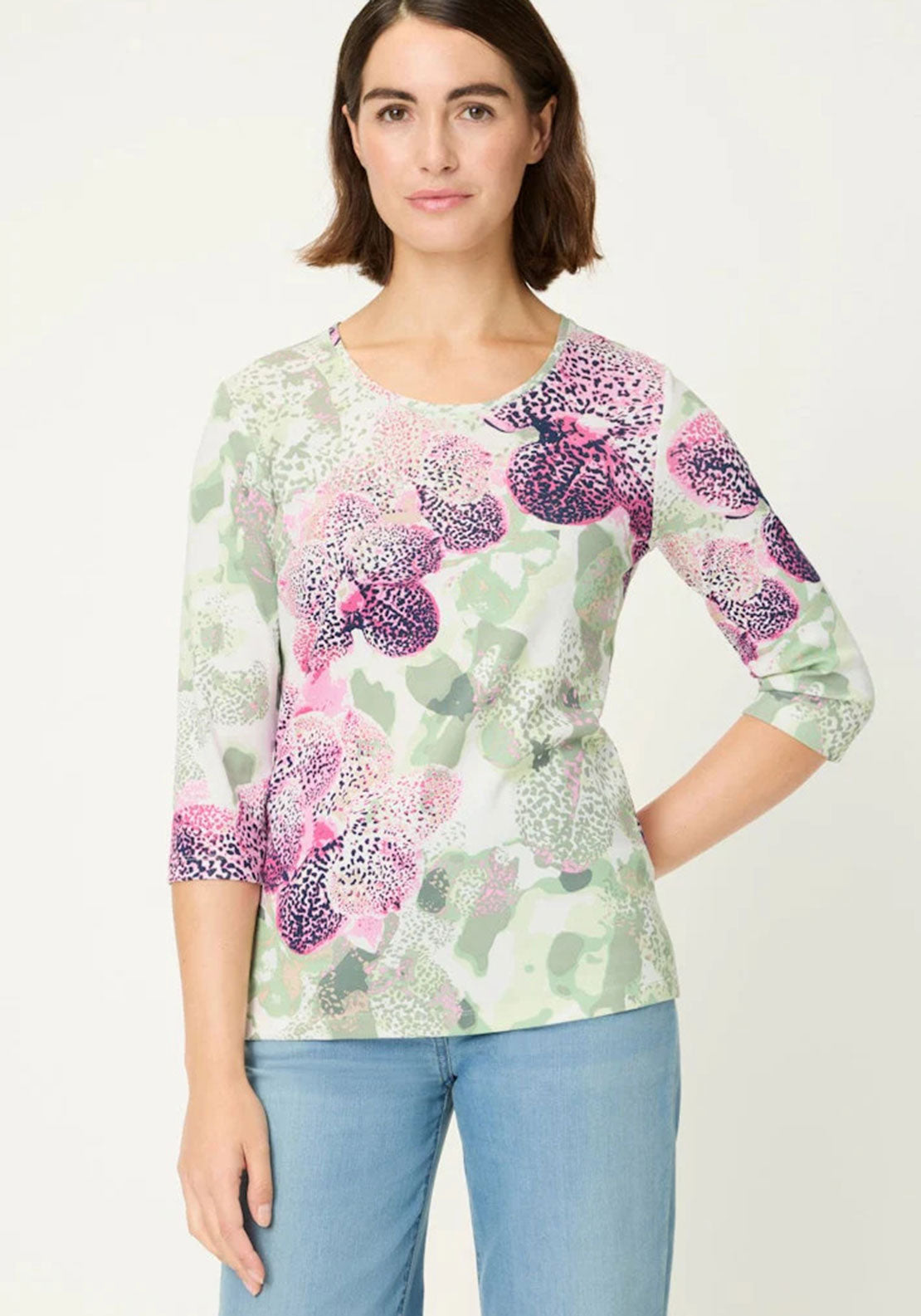 Olsen Floral Rhinestone Print Top, Green