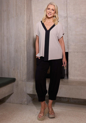Ora Contrast Trim V Neck Top, Grey and Navy