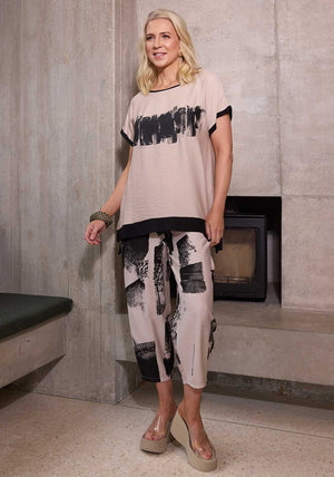 Ora Brush Stroke Barrel Trousers, Stone and Black