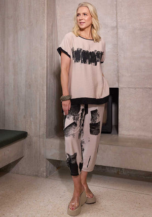 Ora Brush Stroke Barrel Trousers, Stone and Black