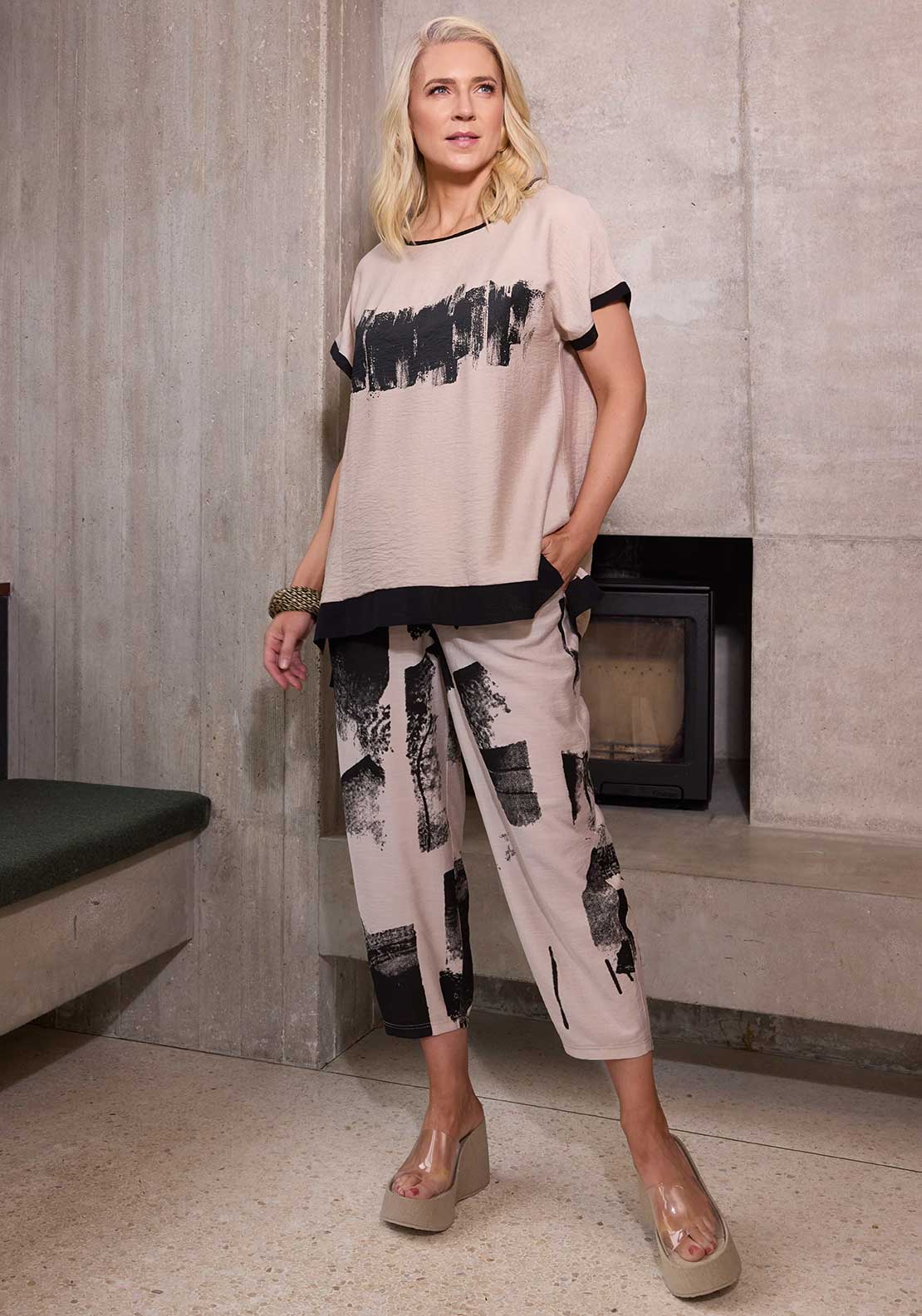 Ora Brush Stroke Barrel Trousers, Stone and Black