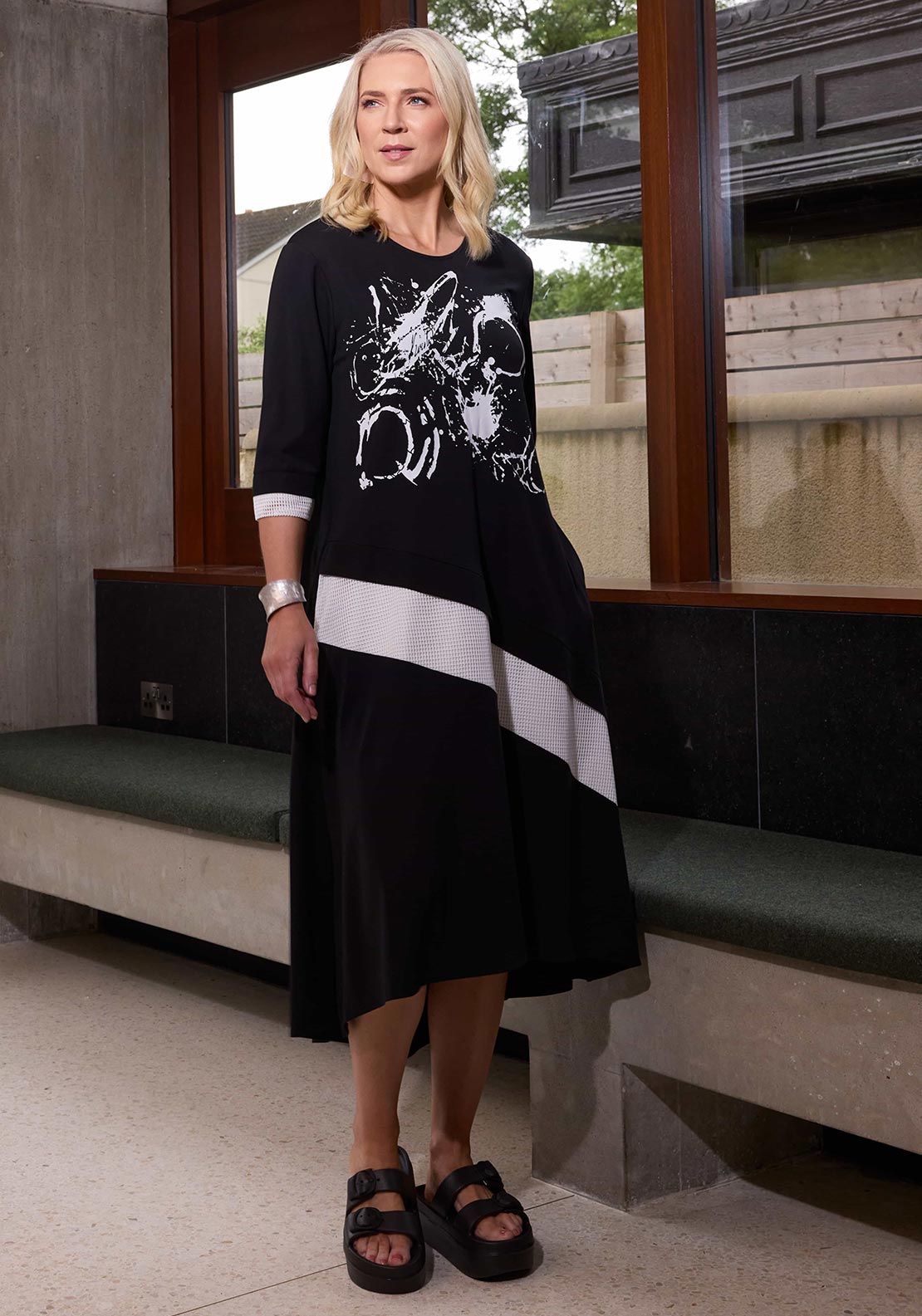 Ora Abstract Print Net Detail T Shirt Dress, Black