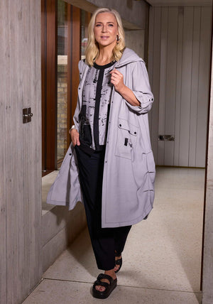 Ora Contrast Stitch Longline Hooded Jacket, Grey
