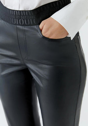 Oui Faux Leather Branded Waistband Trousers, Black