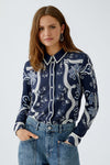 Oui Abstract Patterned Collared Button Up Blouse, Navy