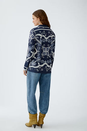 Oui Abstract Patterned Collared Button Up Blouse, Navy