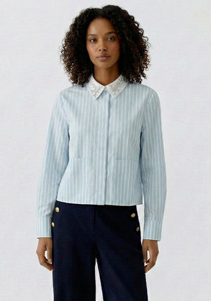 Oui Collar With Detail Striped Blouse, Blue