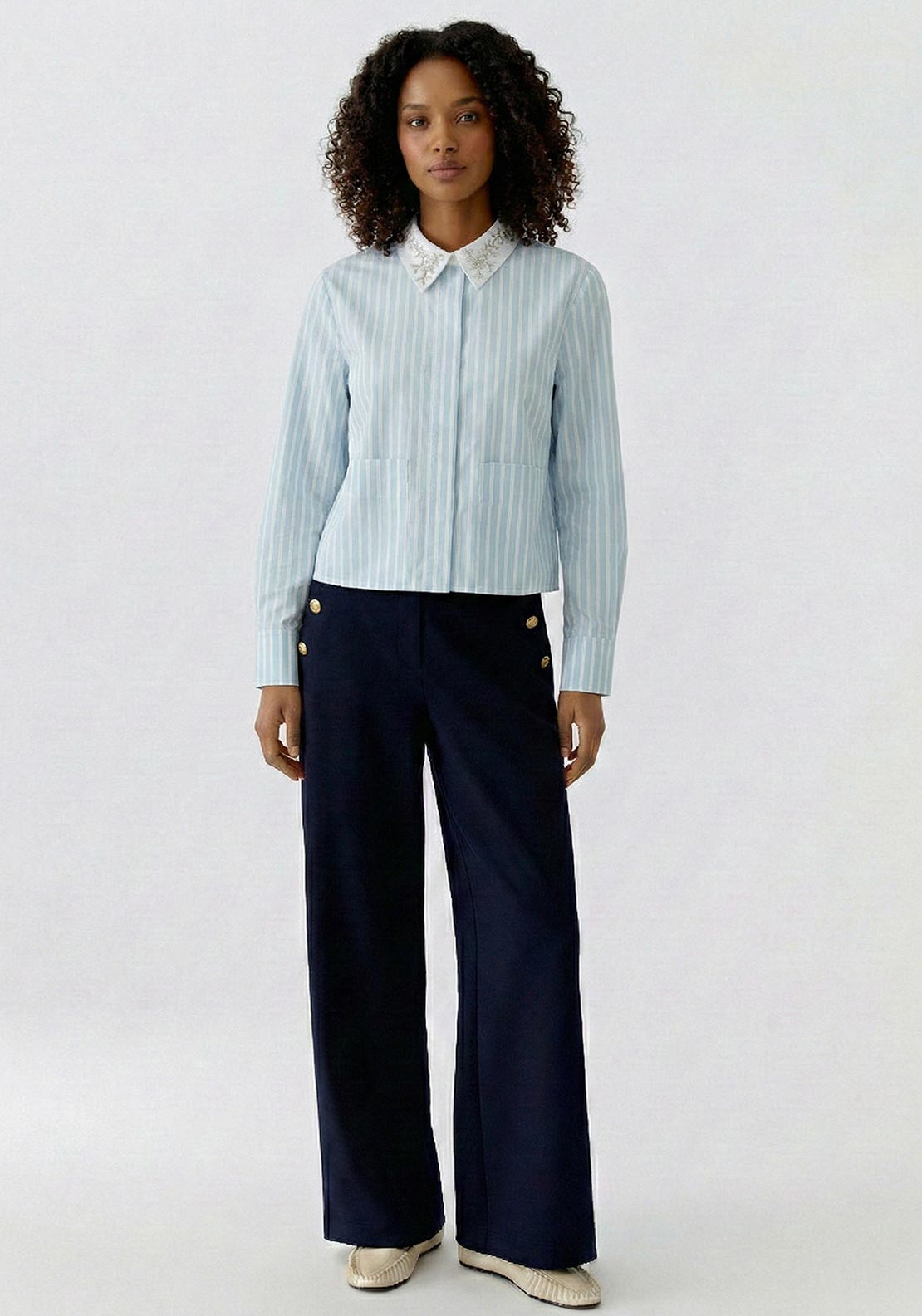 Oui Collar With Detail Striped Blouse, Blue