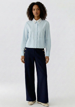 Oui Collar With Detail Striped Blouse, Blue