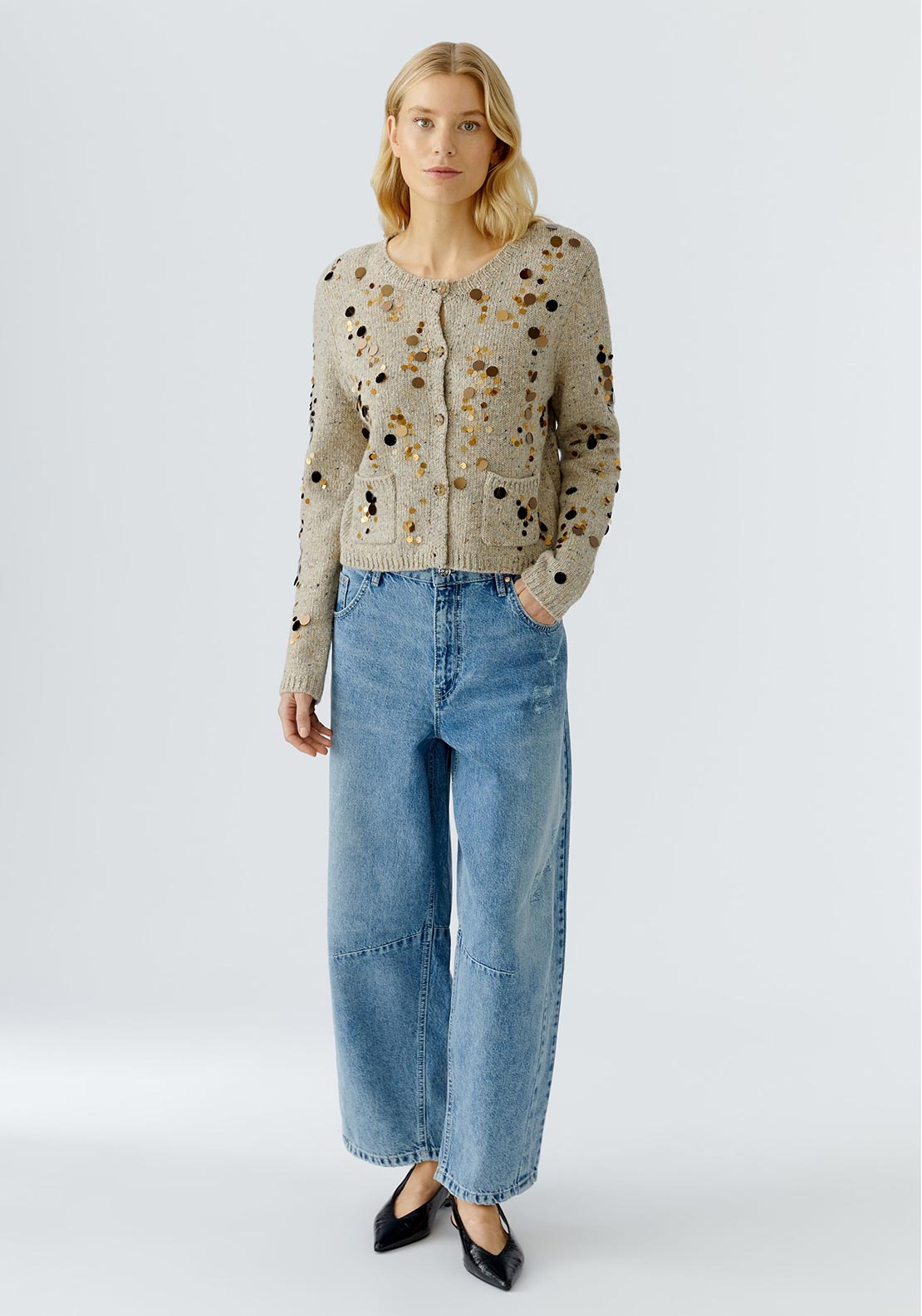 Oui Sequin Textured Cardigan, Oatmeal