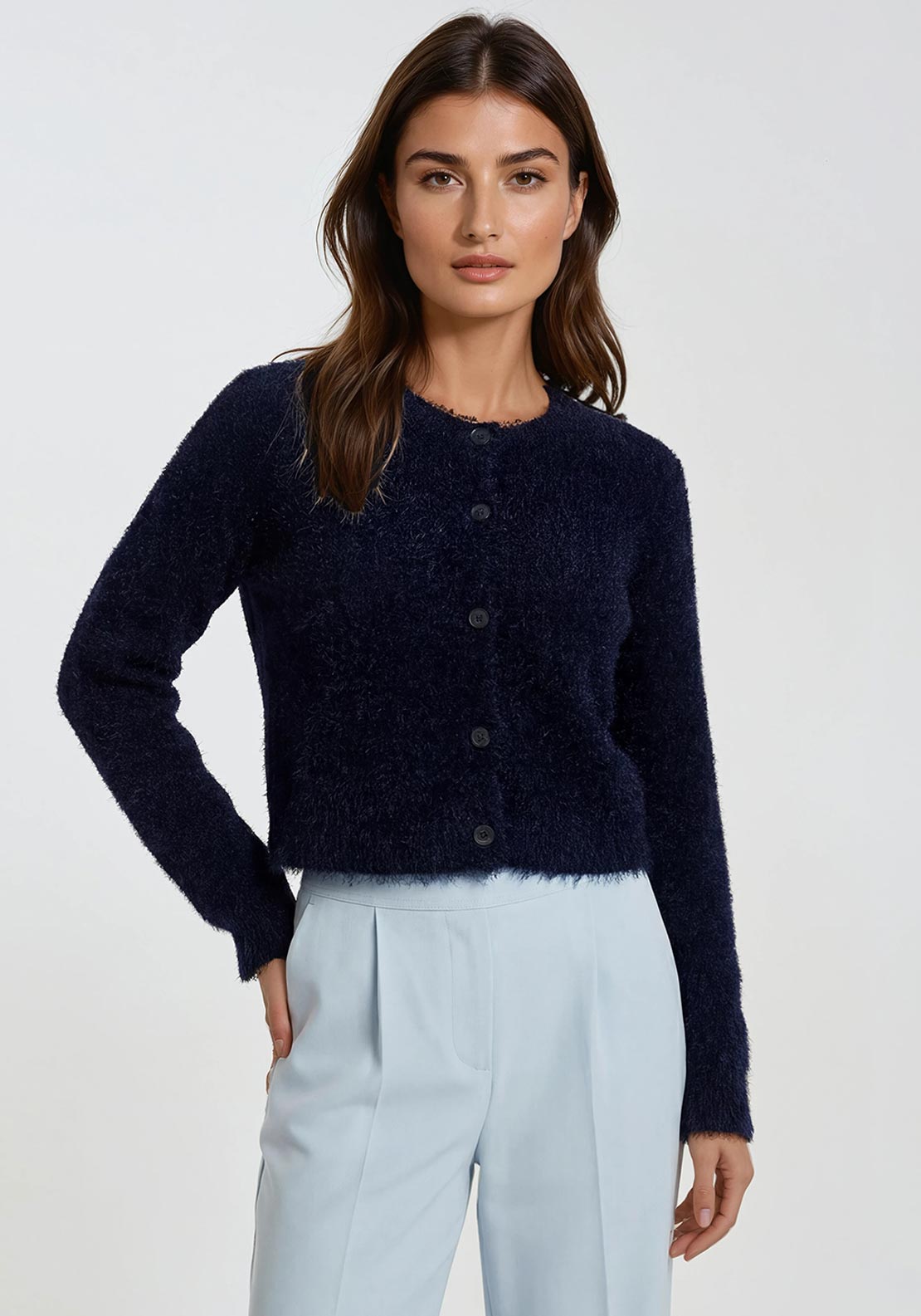 Oui Textured Button Up Cardigan, Navy