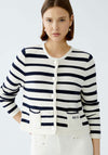 Oui Striped Pocket Detail Cardigan, White and Navy