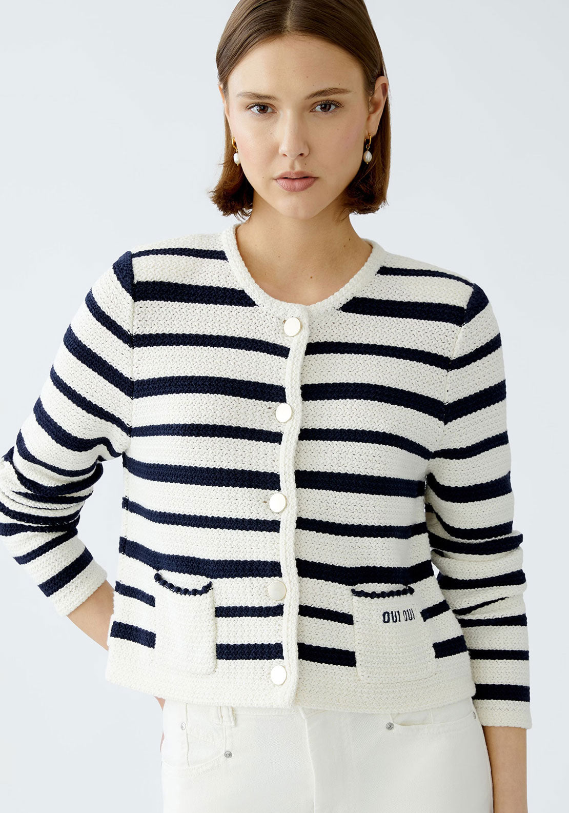 Oui Striped Pocket Detail Cardigan, White and Navy