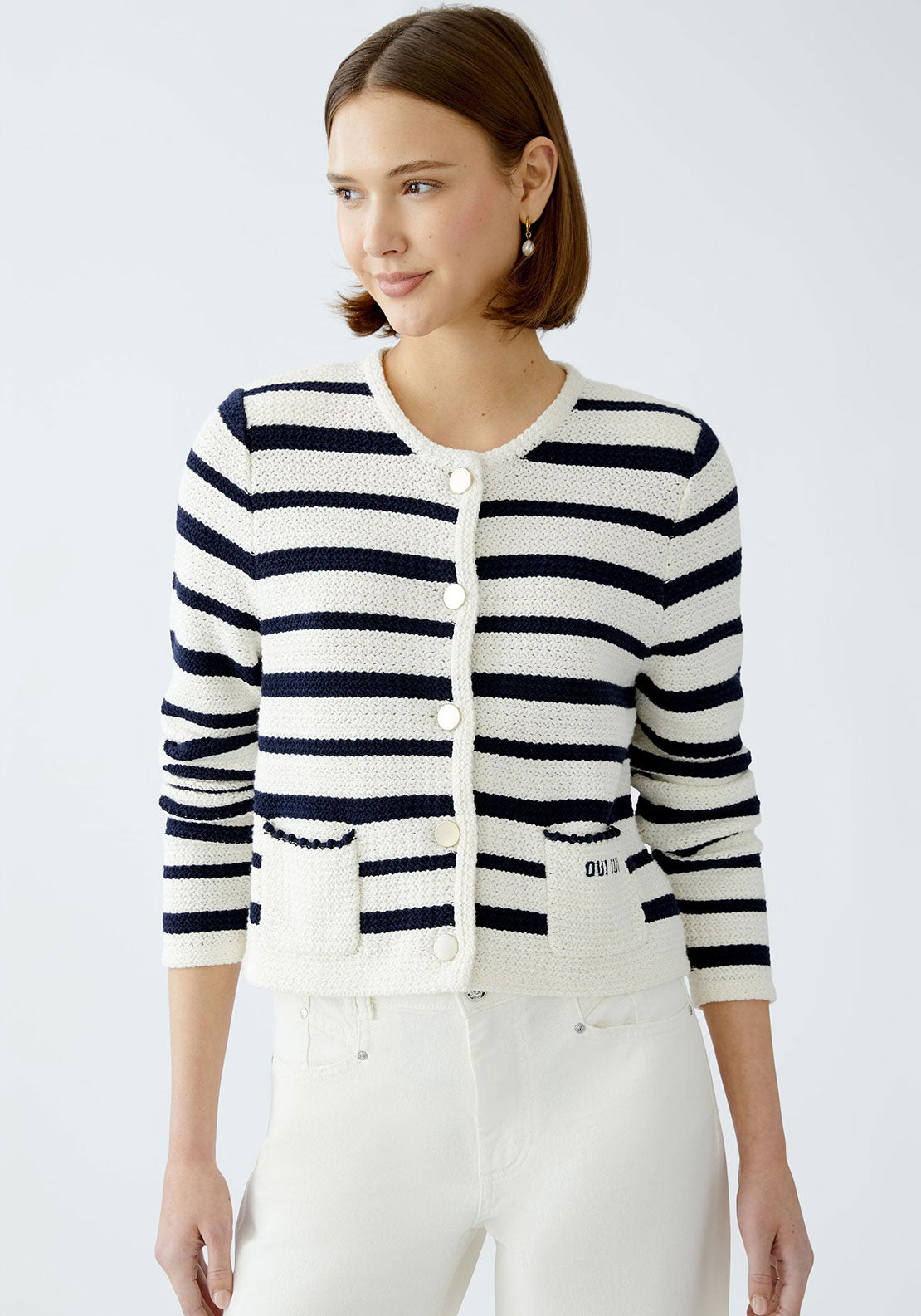 Oui Striped Pocket Detail Cardigan, White and Navy