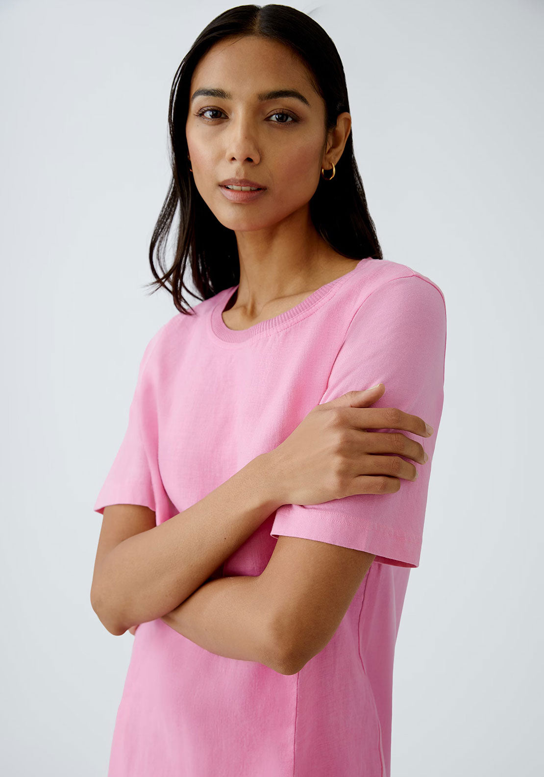 Oui Ribbed Neck Linen Dress, Pink