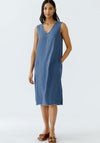 Oui Linen Fray Trim V Neck Dress, Dark Blue
