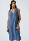 Oui Linen Fray Trim V Neck Dress, Dark Blue