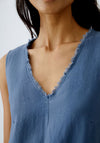 Oui Linen Fray Trim V Neck Dress, Dark Blue