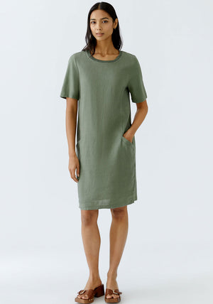 Oui Ribbed Neck Linen Dress, Green
