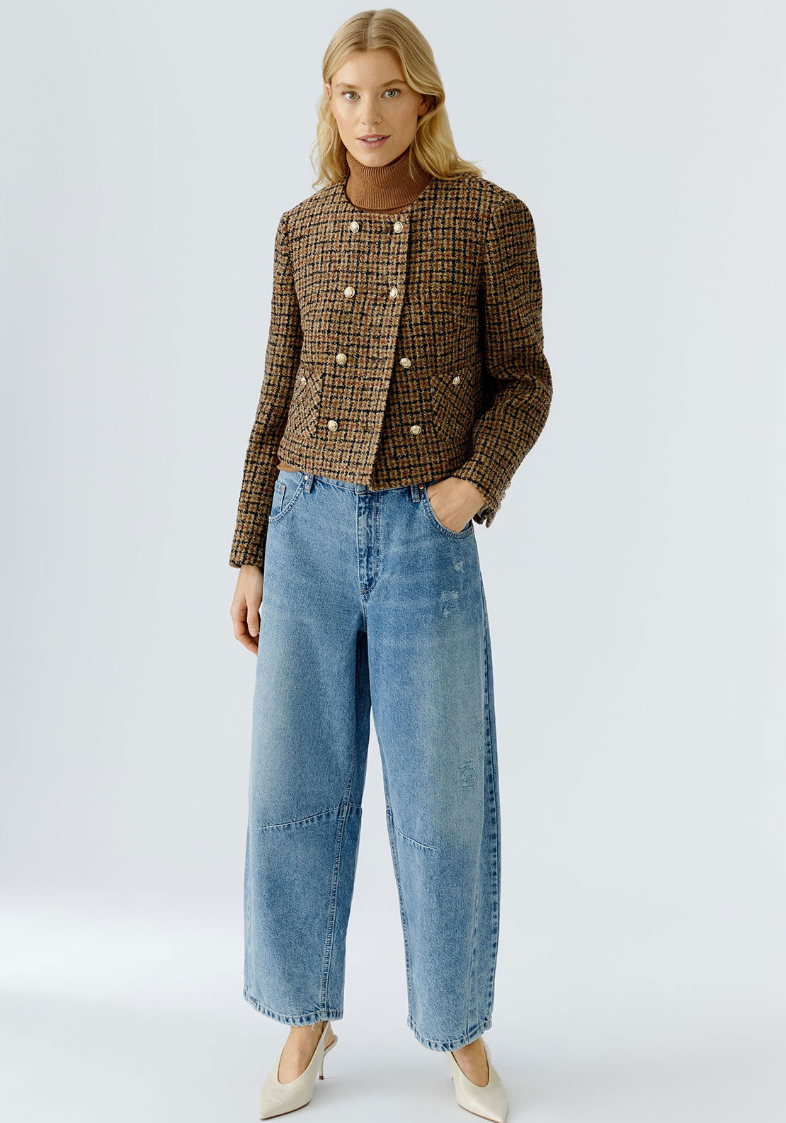 Oui Wool Blend Check Jacket, Brown
