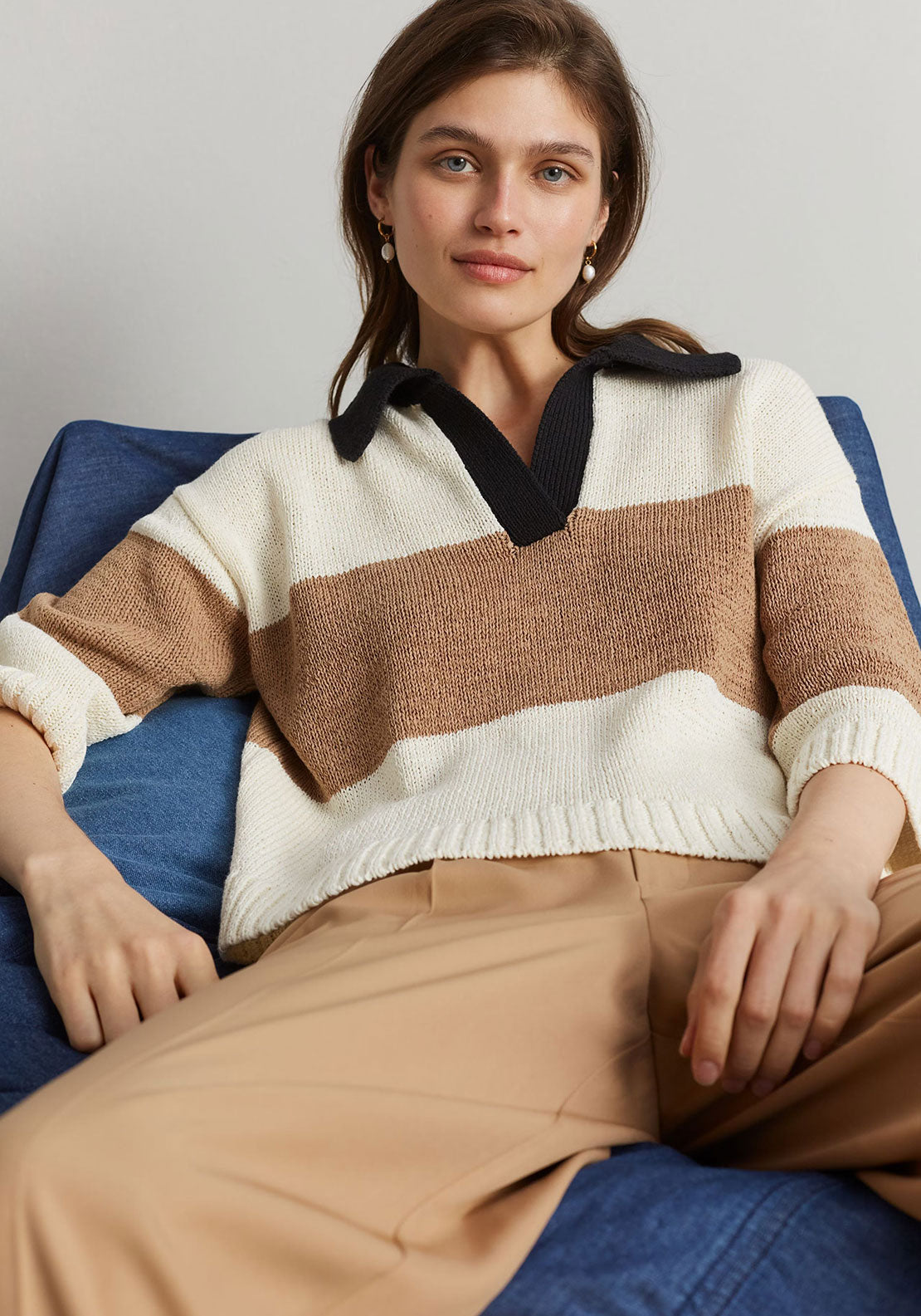Oui Knit Colour Block Short Jumper, White