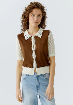 Oui Contrast Panel Faux Suede Cardigan, White