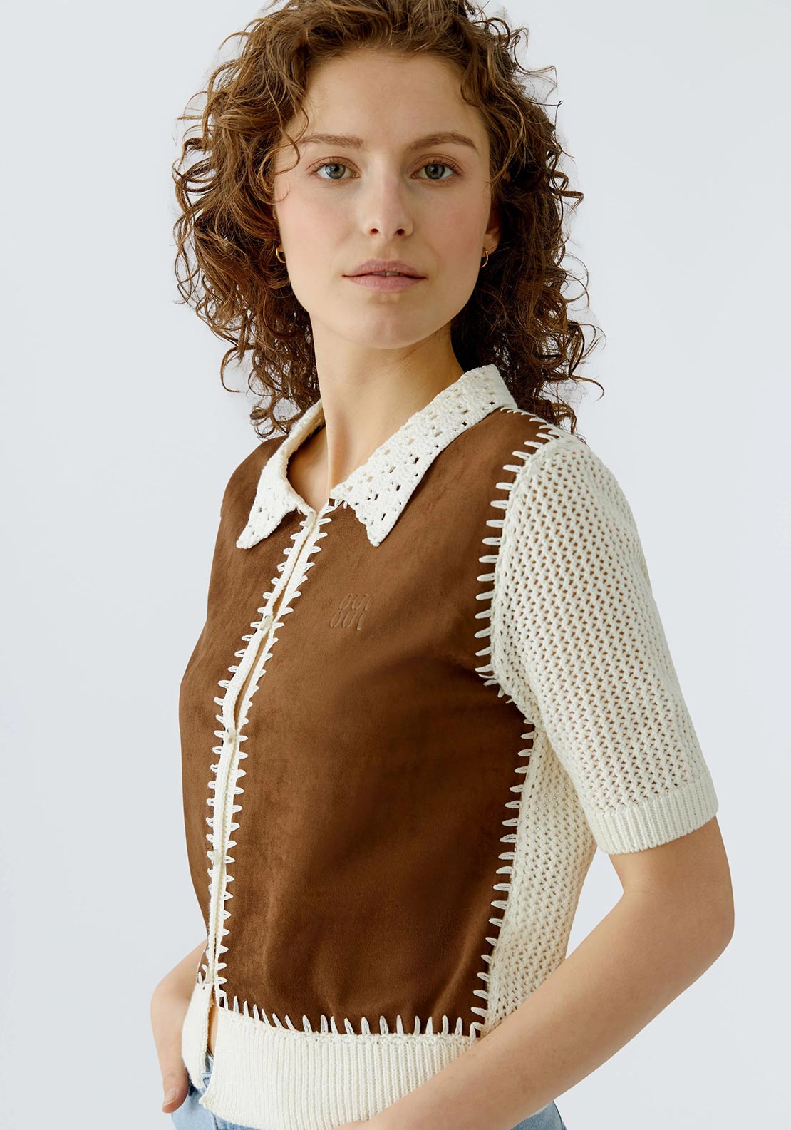 Oui Contrast Panel Faux Suede Cardigan, White