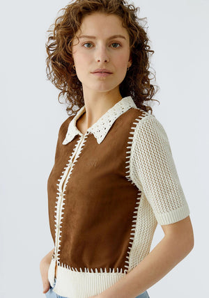 Oui Contrast Panel Faux Suede Cardigan, White