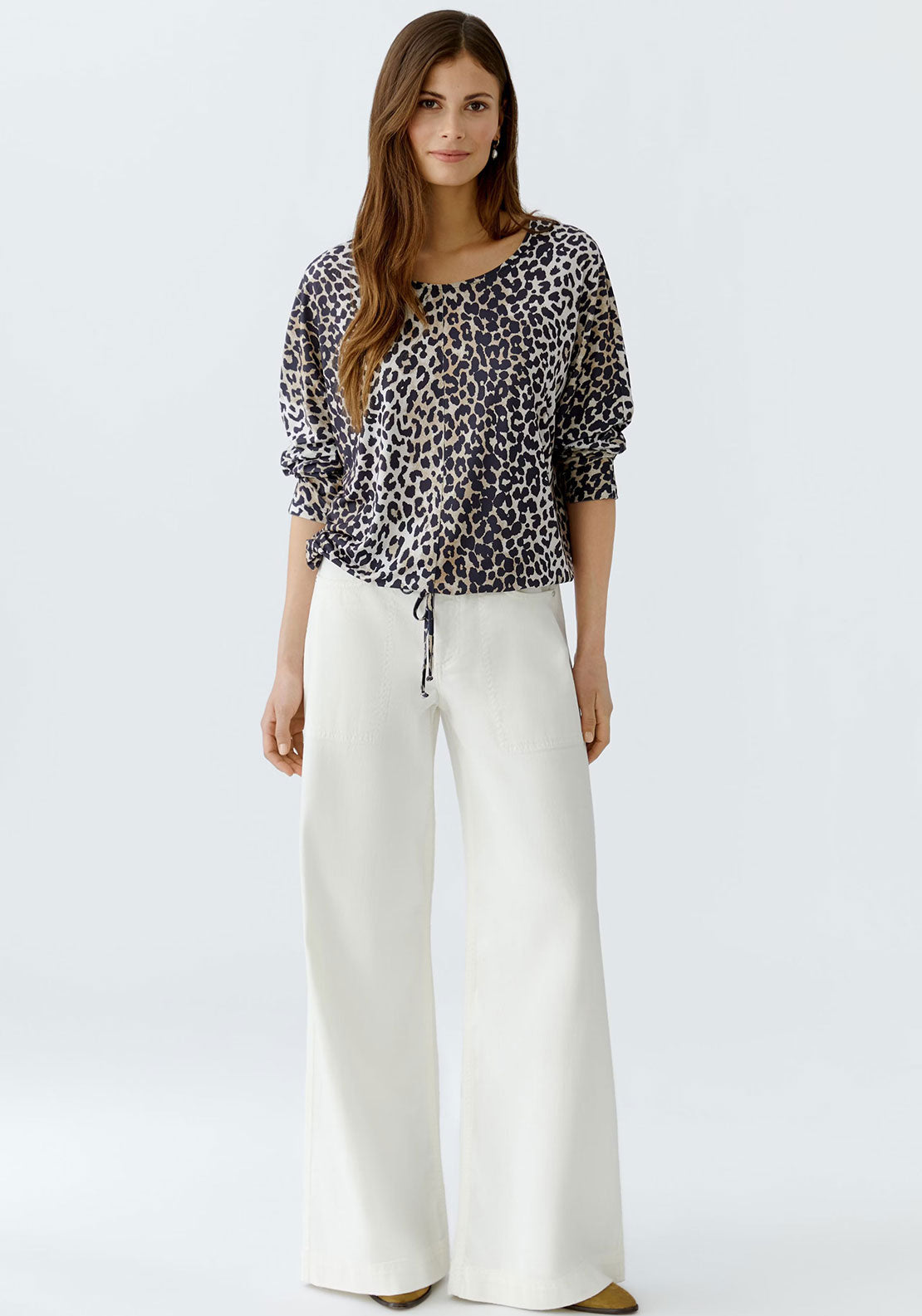 Oui Jersey Leopard Tie Trim Top, Brown