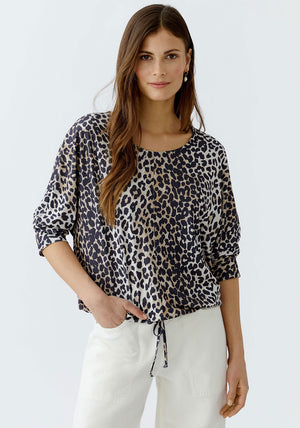 Oui Jersey Leopard Tie Trim Top, Brown