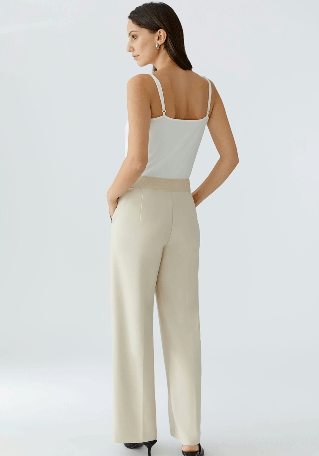 Oui Lacey Branded Waist Straight Leg Trousers, Cream