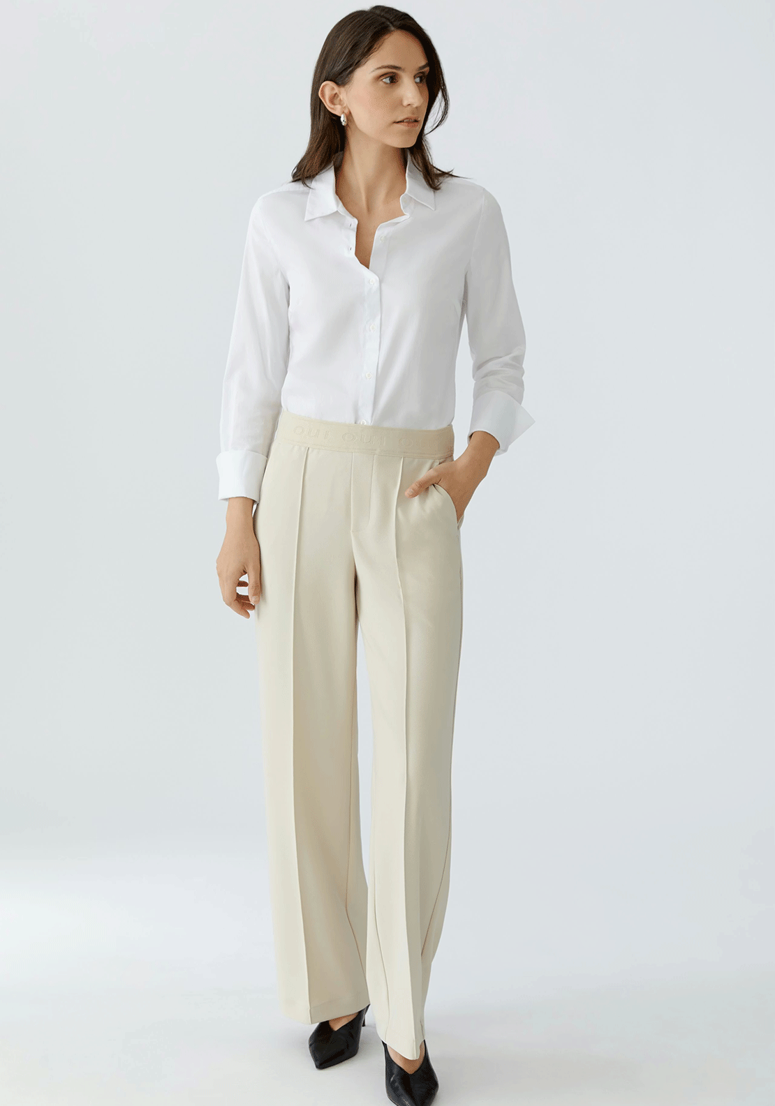Oui Lacey Branded Waist Straight Leg Trousers, Cream