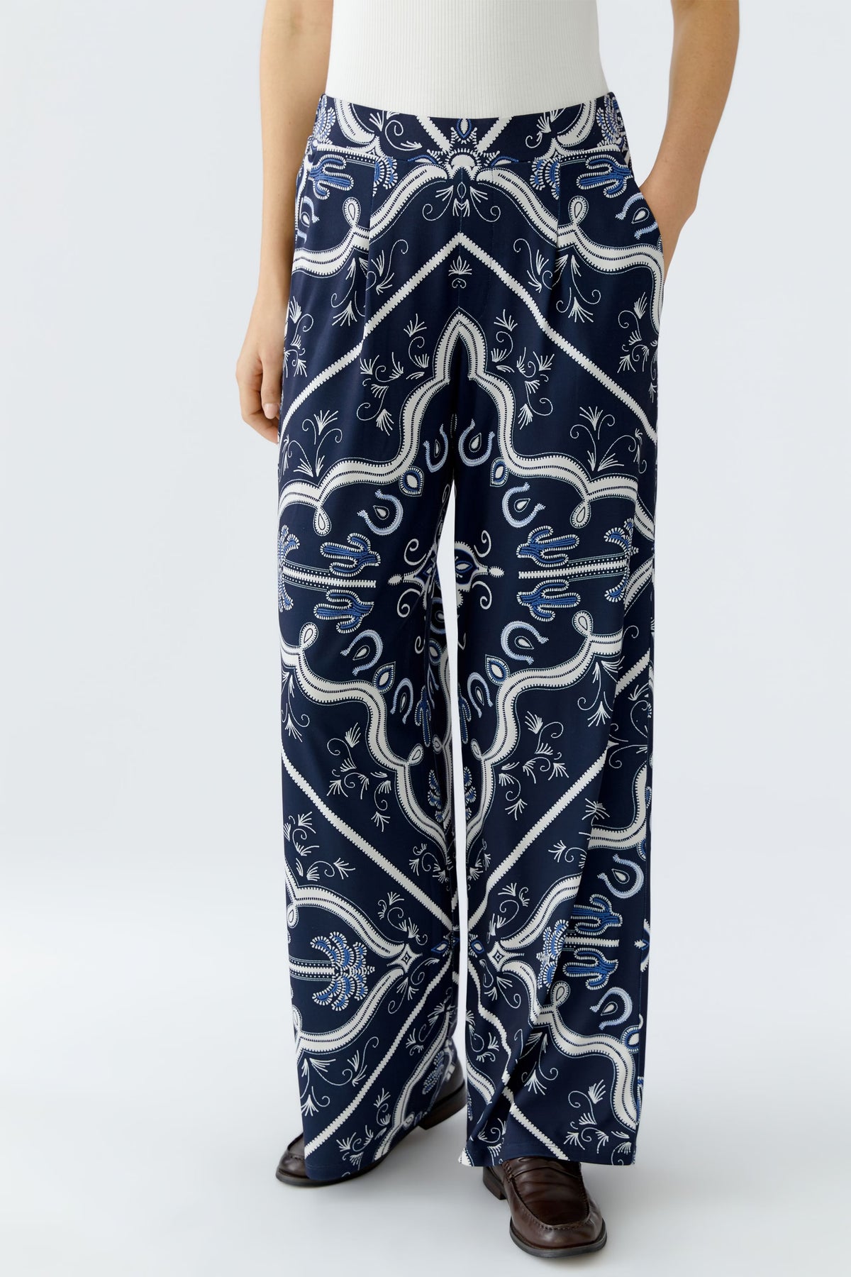 Oui Marlene Floral Print Elasticated Wide Leg Trousers, Navy