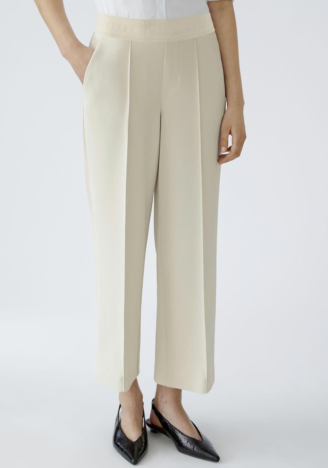 Oui Neya Culotte Logo Waistband Trousers, Cream