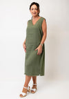 Oui Linen Frayed V Neck Midi Dress, Green