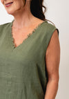 Oui Linen Frayed V Neck Midi Dress, Green