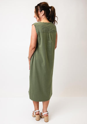 Oui Linen Frayed V Neck Midi Dress, Green